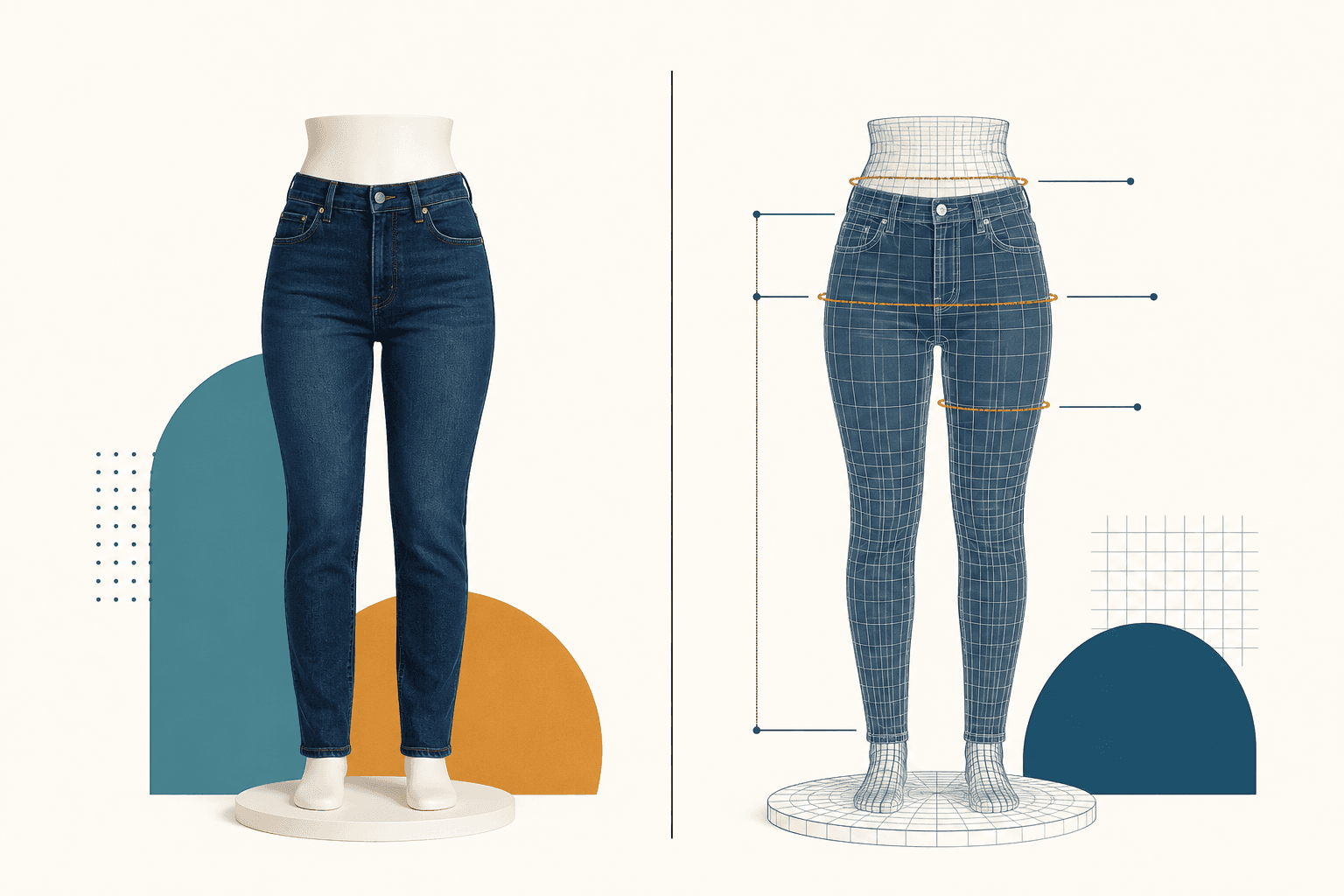 Split illustration: a flattering catalog render of jeans beside the same jeans as a 3D measurement mesh.