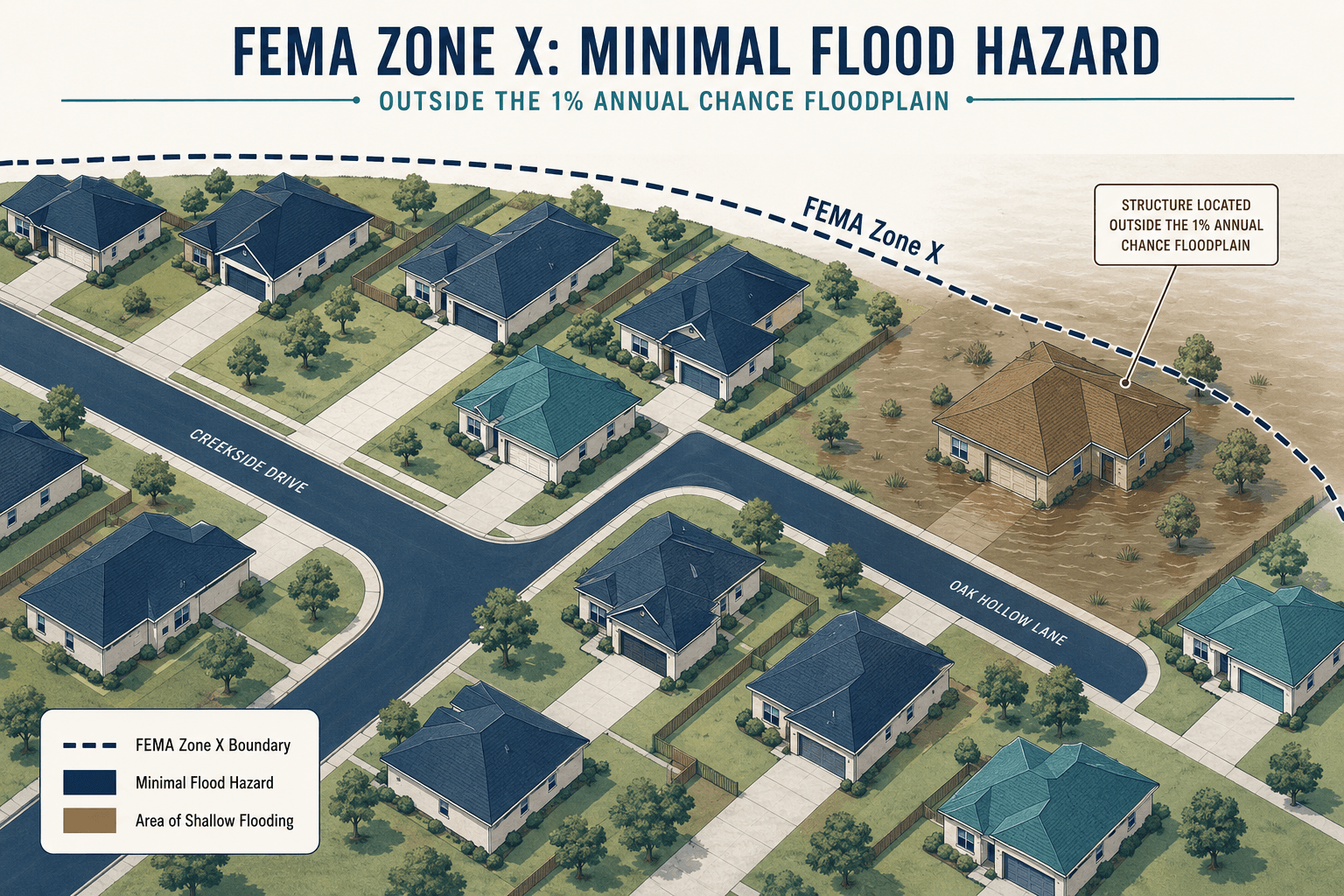 Aerial map of a suburban neighborhood with a FEMA Zone X boundary and one flooded slab house just outside the line