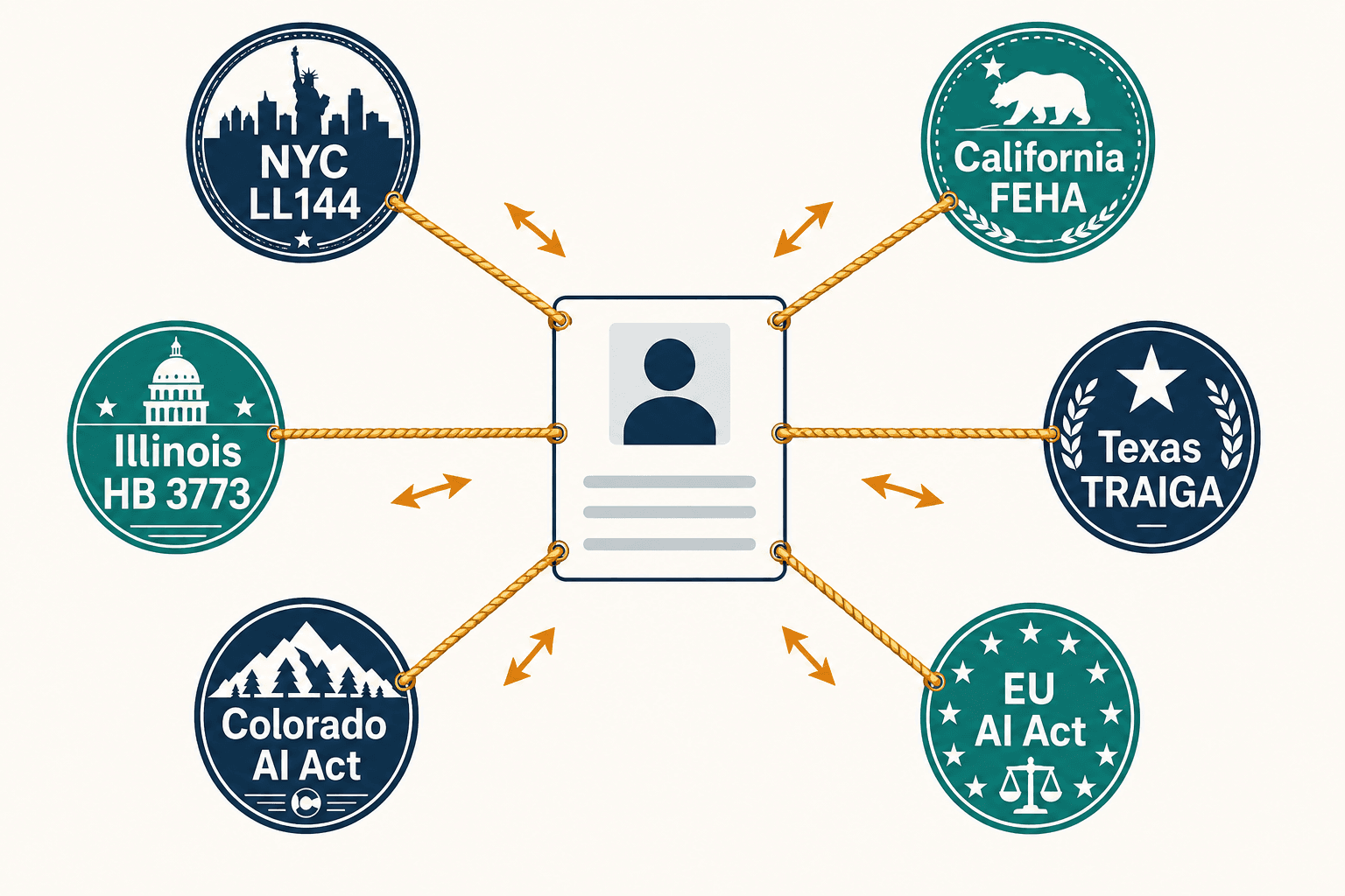 One job applicant's profile pulled in six directions by six regulatory seals: LL144, FEHA, Illinois, Texas, Colorado, EU.