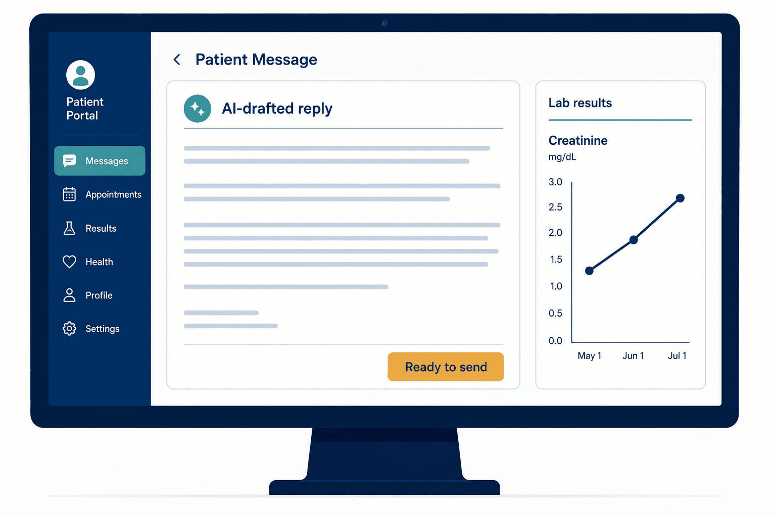 Clinician monitor: a polished AI-drafted patient message beside an unflagged rising creatinine chart