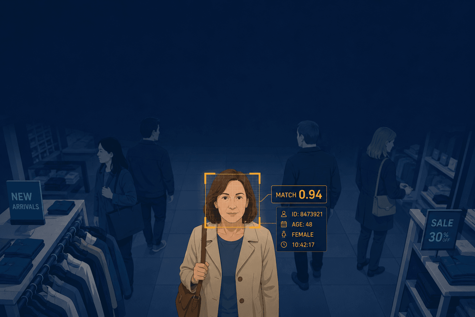 An ordinary shopper wrongly singled out by an amber facial-recognition MATCH box reading 0.94