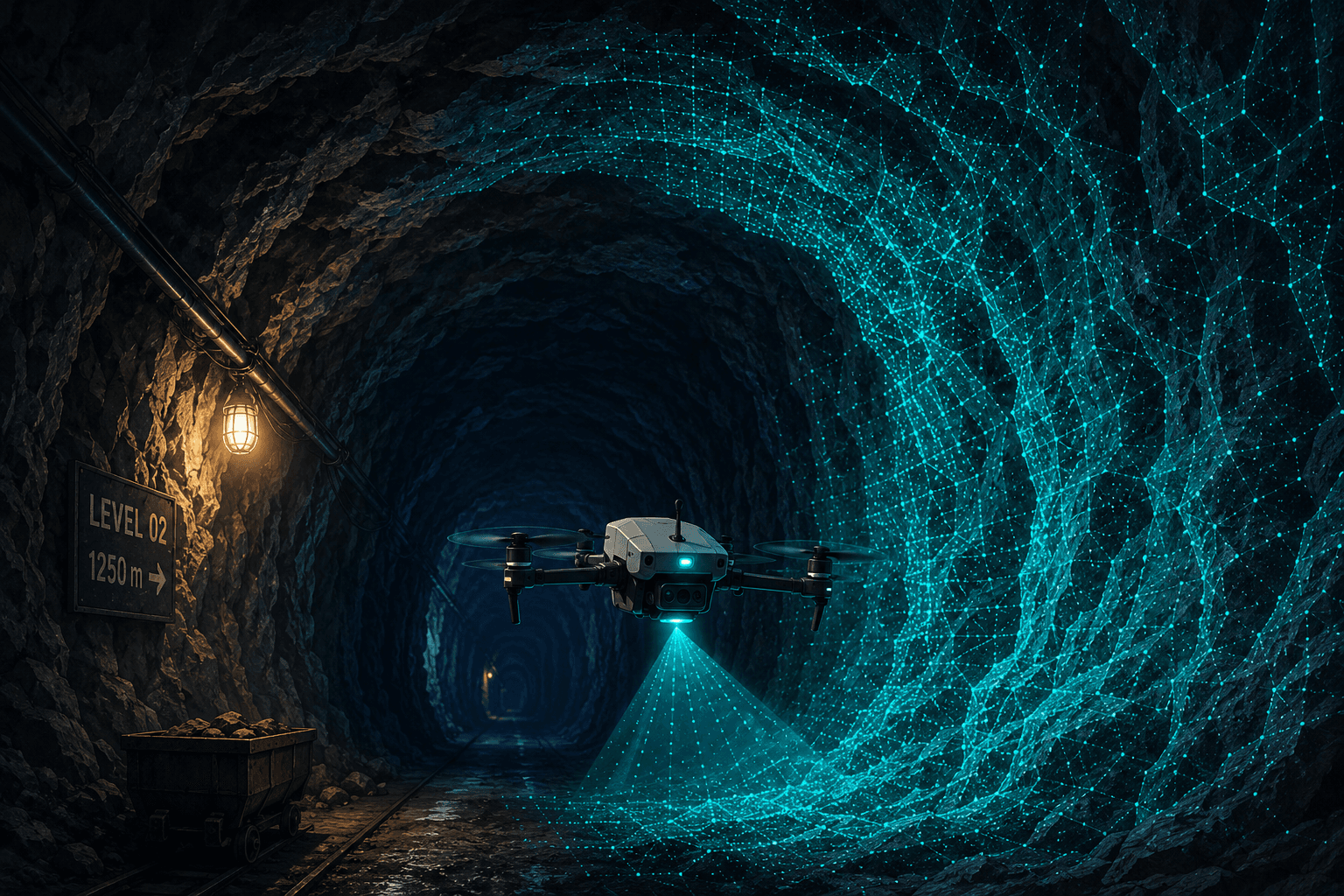 Autonomous drone mapping a dark mine tunnel with a teal sensor scan, flying without GPS.