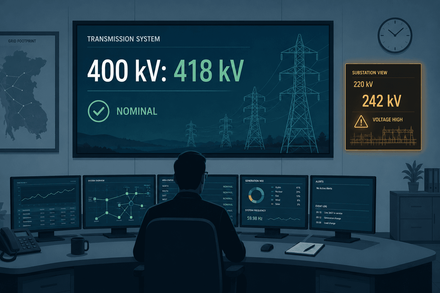 Grid control room: operator watches a calm 400 kV/418 kV transmission panel while an unwatched 220 kV/242 kV substation panel glows amber.
