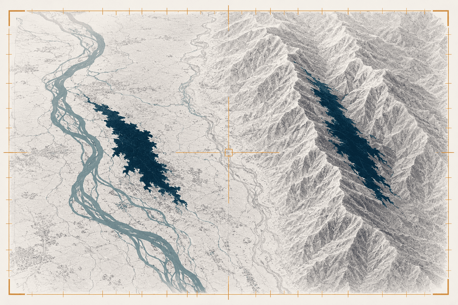 A radar satellite image with two near-identical dark patches: floodwater and a mountain radar shadow