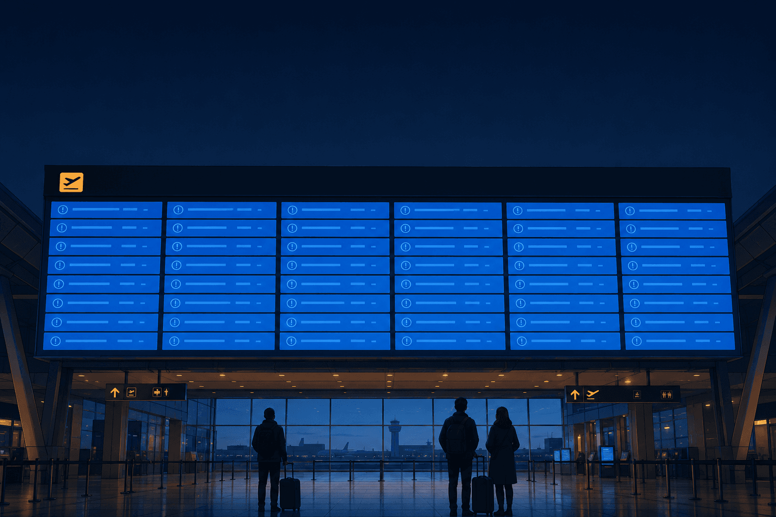 Airport departure board where every flight row is replaced by an identical blue error panel
