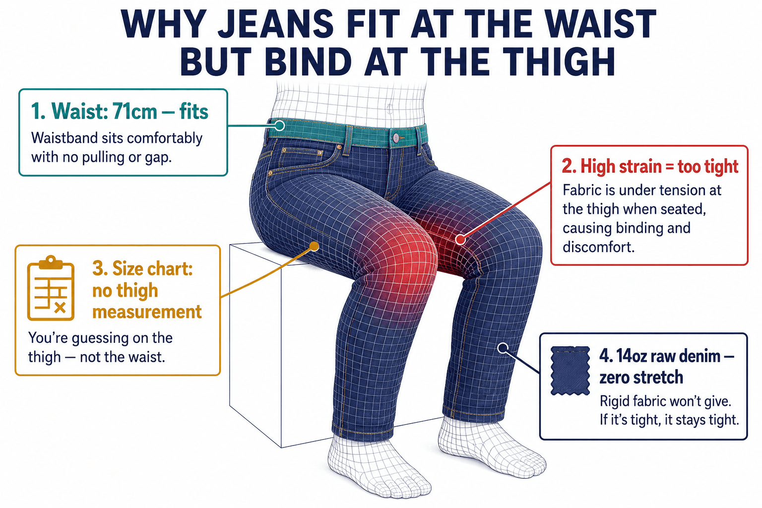 Diagram of seated jeans on a 3D mesh: red strain at the thigh, calm waist, with fit callouts.