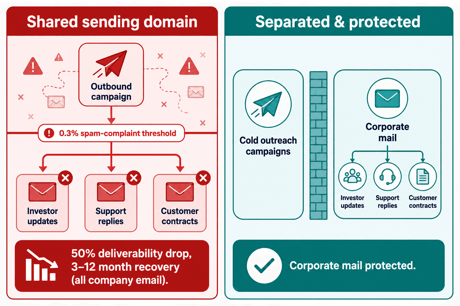 Shared sending domain (one bad campaign cascades to all company email) vs isolated cold-outreach domain (corporate mail protected).