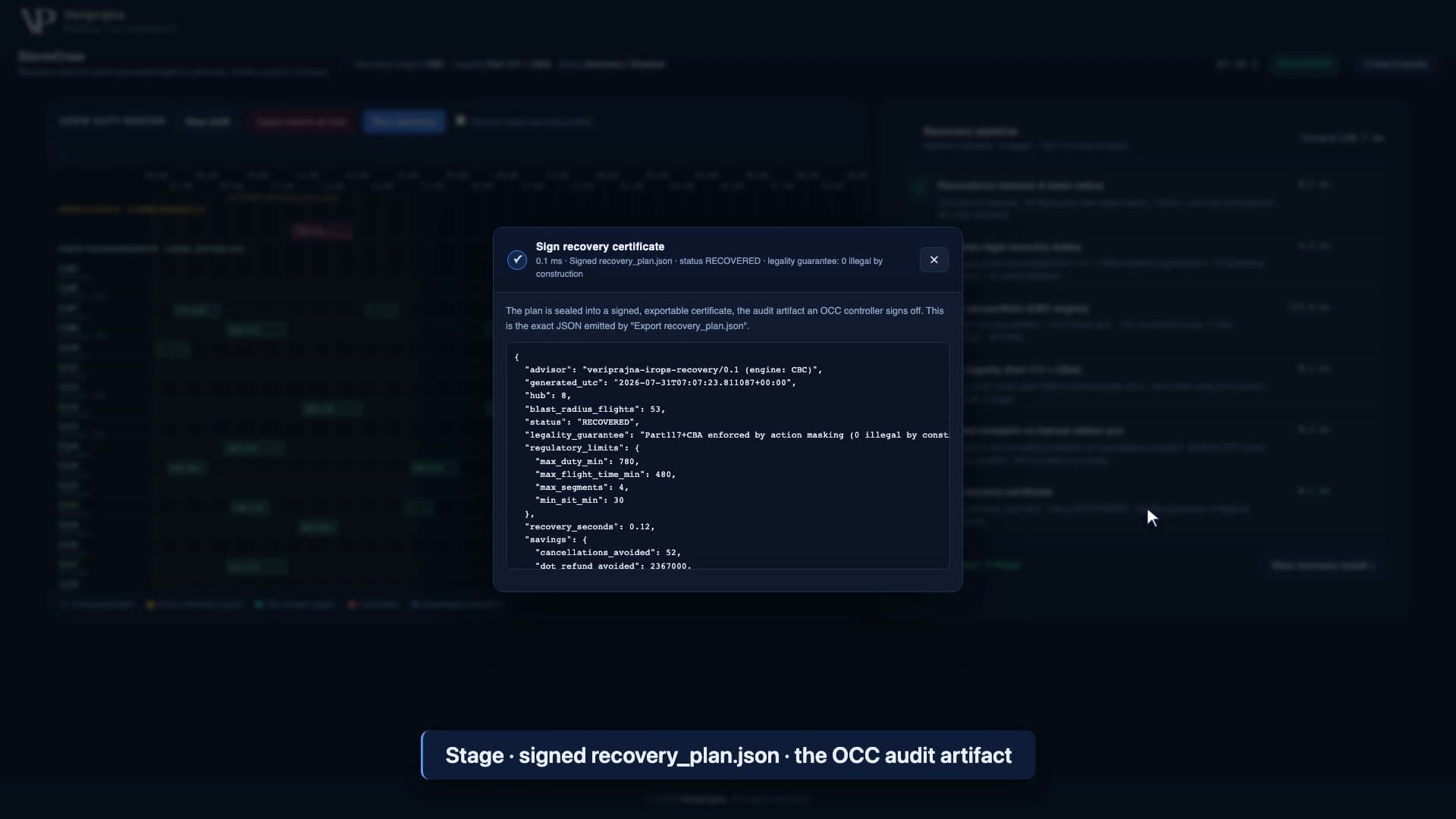 Certificate stage showing the signed recovery_plan.json with status RECOVERED, regulatory limits, and legality guarantee