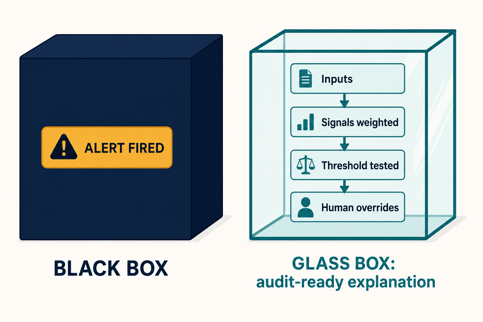 Comparison: a sealed black box showing only "alert fired" versus a transparent glass box showing the full reasoning chain.