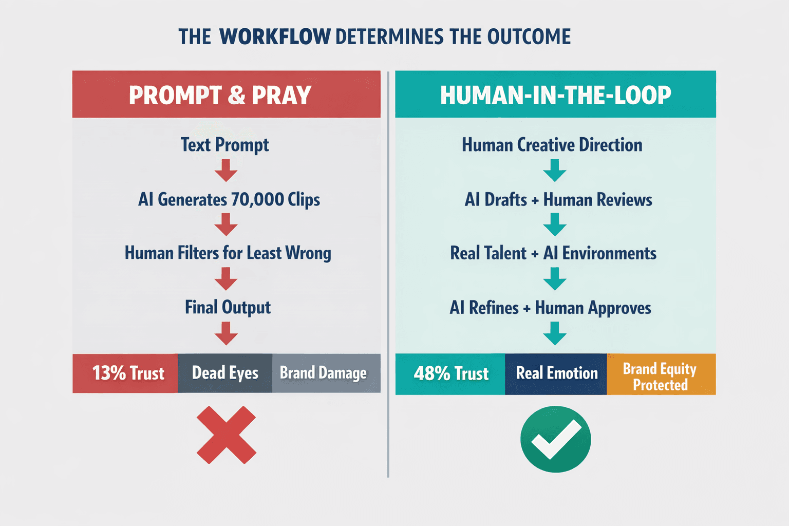 A side-by-side comparison diagram contrasting the "Prompt & Pray" workflow (Coca-Cola's approach) with the "Human-in-the-Loop" workflow (Veriprajna's approach), showing why one fails and the other succeeds.