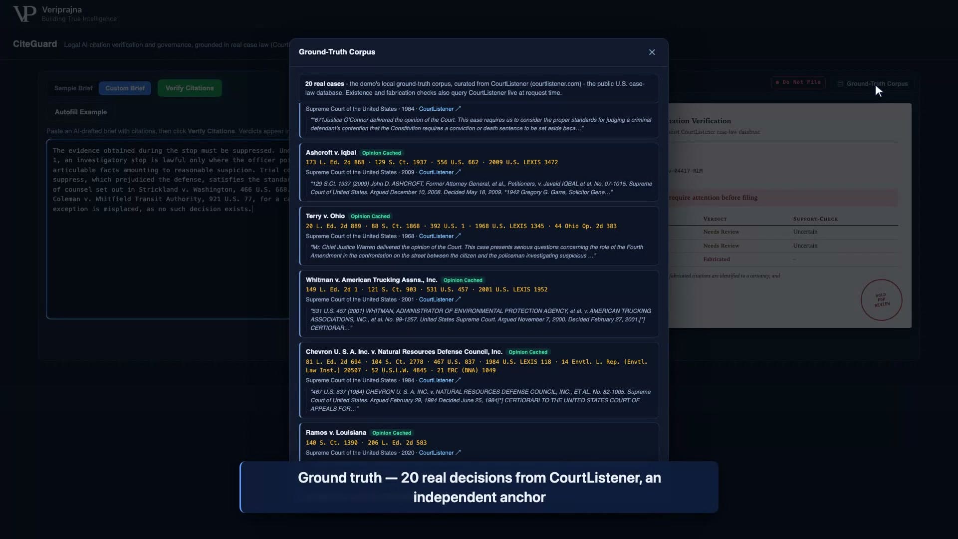 CiteGuard Ground-Truth Corpus panel listing real Supreme Court decisions curated from CourtListener, including Ashcroft v. Iqbal, Terry v. Ohio, Whitman v. American Trucking, and Chevron, with a note that existence and fabrication checks also query CourtListener live.
