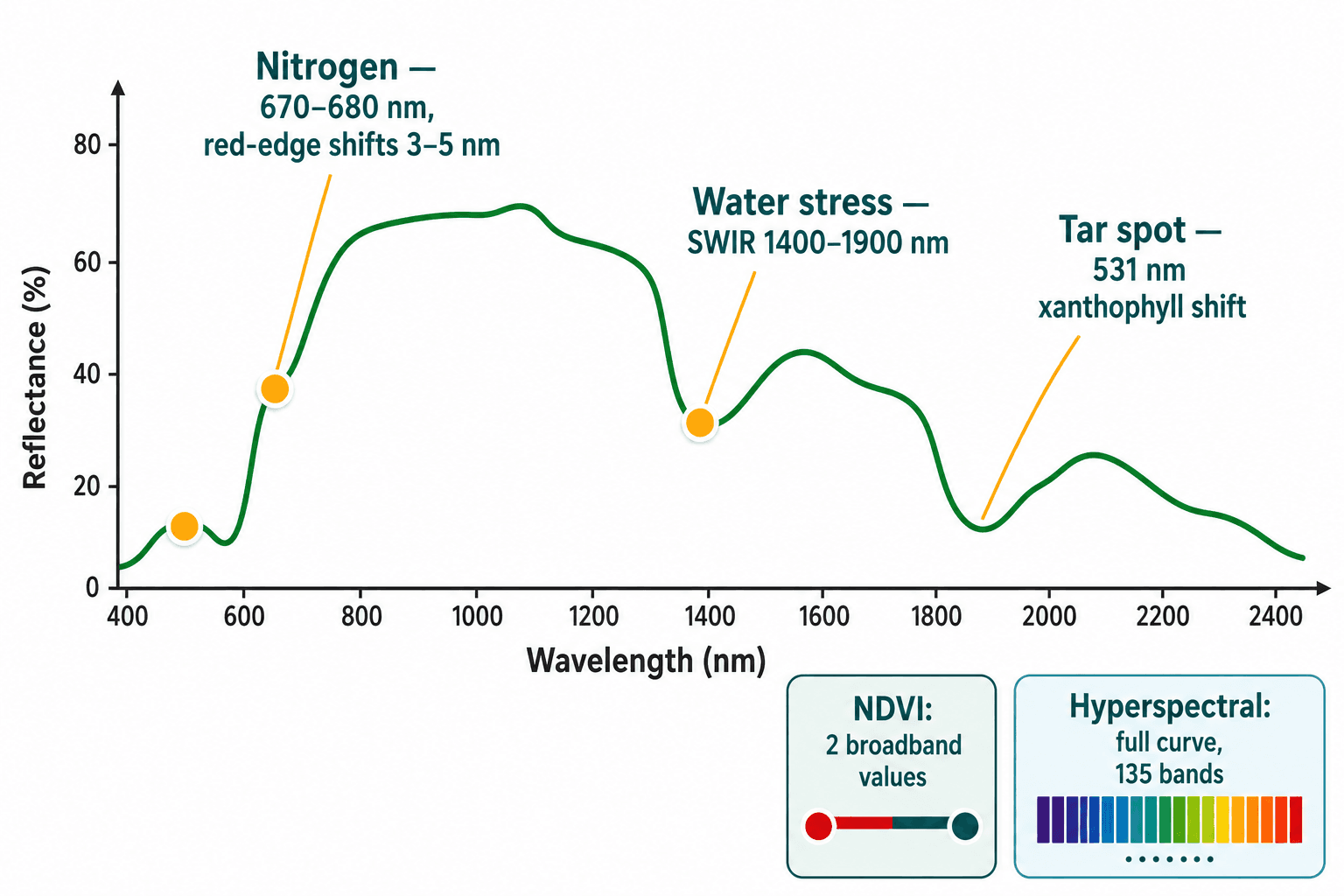 Spectral reflectance curve marking nitrogen, water, and tar-spot stress signatures at their wavelengths vs NDVI's two values
