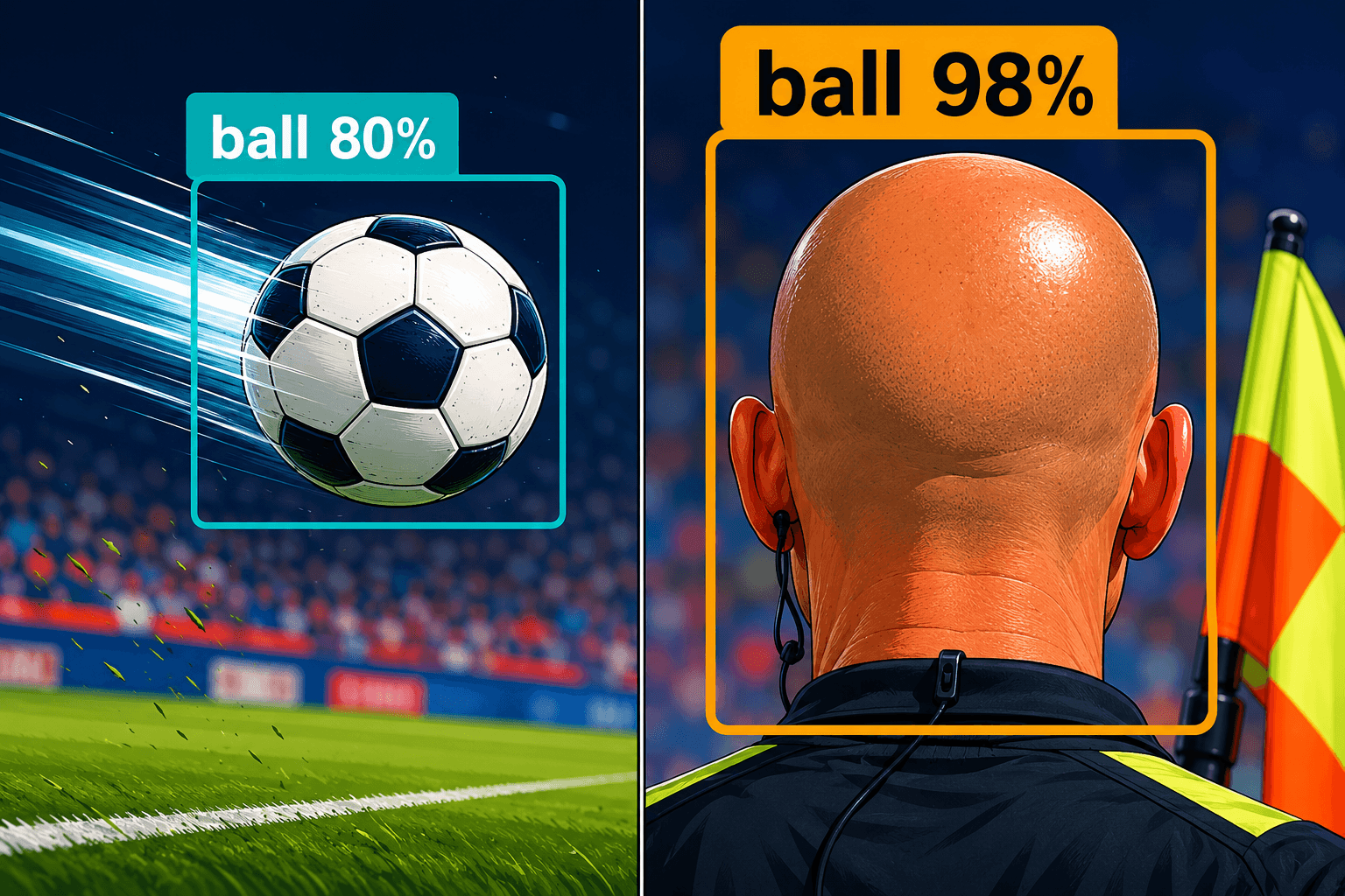 Split editorial illustration: a soccer ball labeled 'ball 80%' vs a bald linesman's head in a tracking box labeled 'ball 98%'.