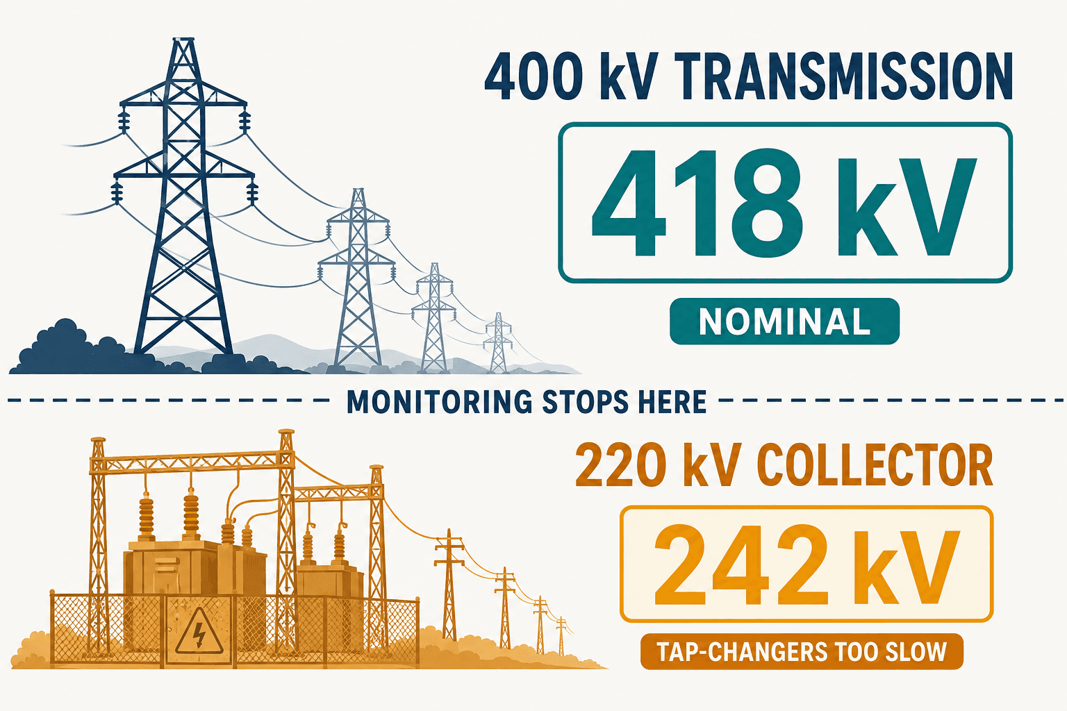 Two-tier grid diagram: calm 400 kV/418 kV transmission above, alarming unmonitored 220 kV/242 kV collector below.