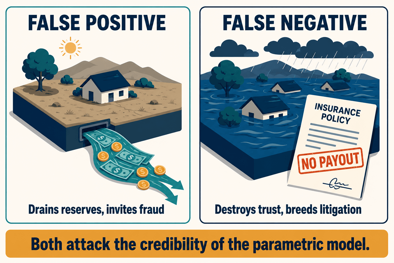 Side-by-side of the two parametric failure modes: false positive draining reserves vs false negative leaving a real flood unpaid