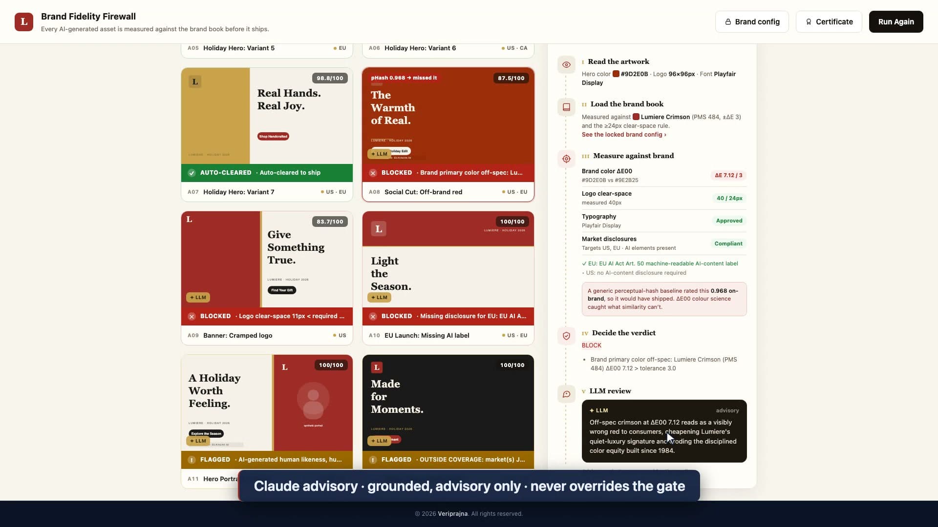 The LLM review card for asset a08, labeled advisory, reading that the off-spec crimson at ΔE00 7.12 reads as a visibly wrong red to consumers and cheapens Lumiere's quiet-luxury signature, shown beneath the deterministic BLOCK verdict it does not affect.