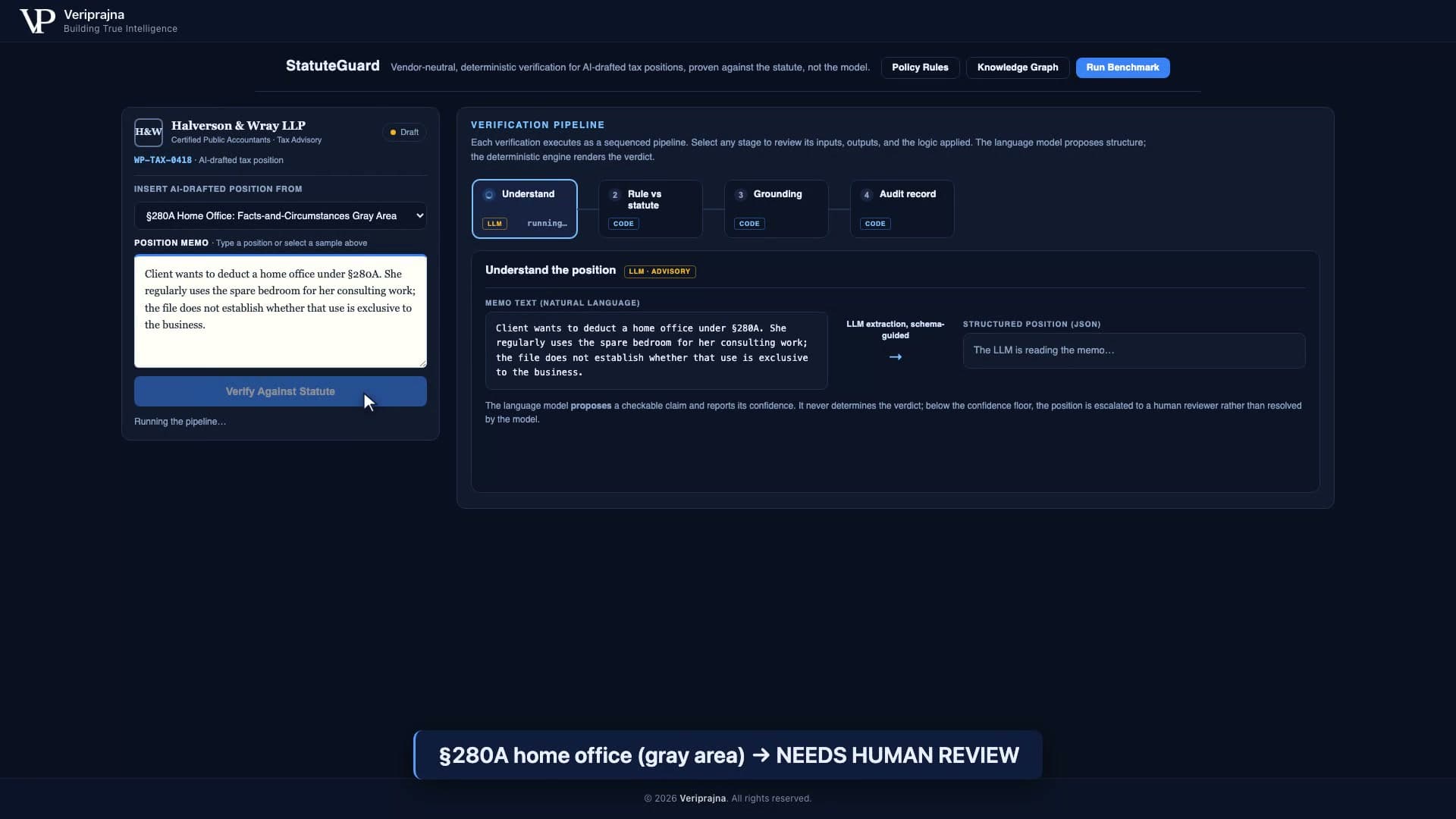 StatuteGuard routing the §280A home-office position to NEEDS HUMAN REVIEW because regular-and-exclusive use is a facts-and-circumstances test